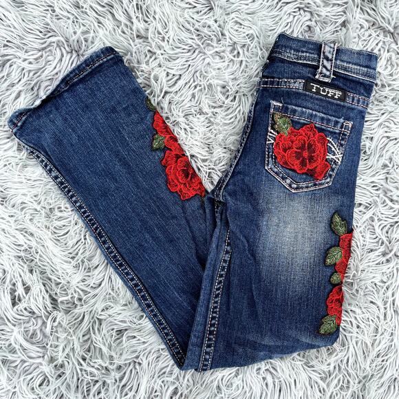 Kids Denim Jeans with Red Floral Embroidery - Picture 5 of 13